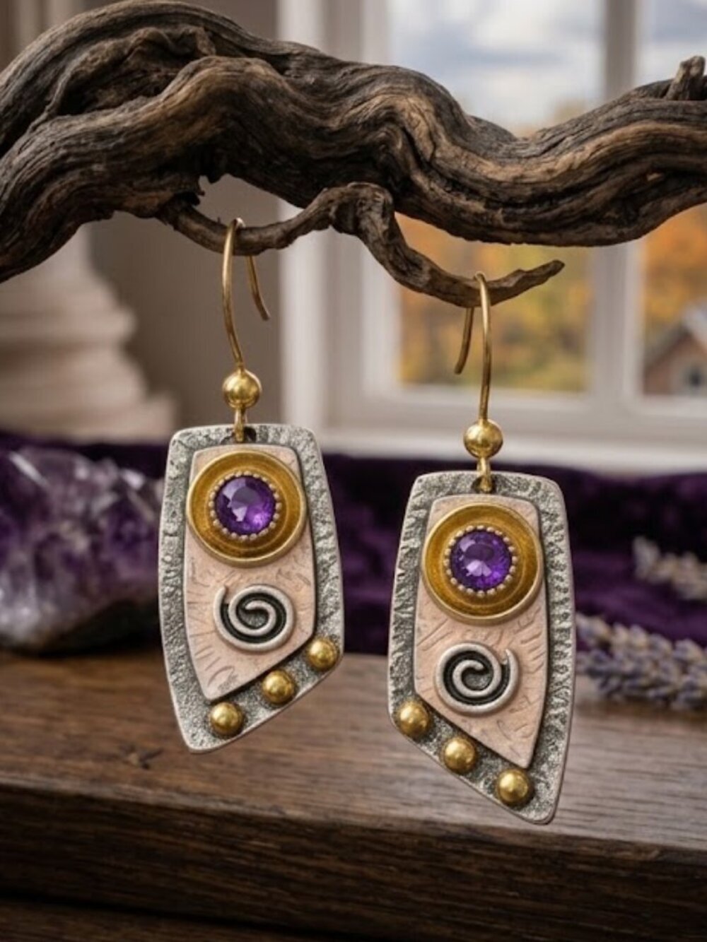 Mixed Metal Spiral Drop Earrings Whimsigoth Purple Stone Silver and Gold 1.1"